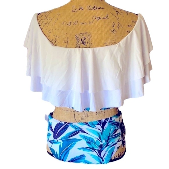 Off Shoulder Ruffle Top 2pc Swimwear White Top Print High Waist Bottom X-LARGE - Picture 3 of 11